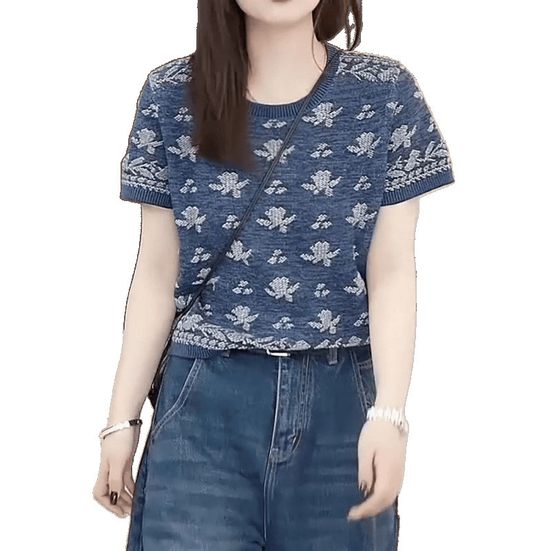 ヨーロッパのシンプルな文学風プリント半袖セーター、夏の女性用、小さめ、ファッショナブル、多用途、レトロな年齢軽減トップス|undefined