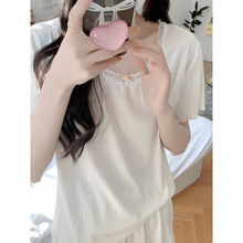 2026休闲睡衣女士纯色蕾丝领短袖短裤家居服三色舒适套装韩版