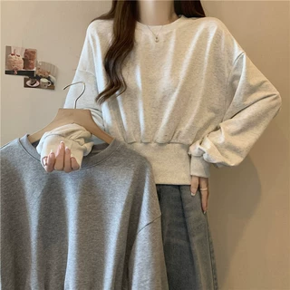 灰色短款长袖卫衣女2025新款秋冬韩版设计感小众收腰套头别致上衣