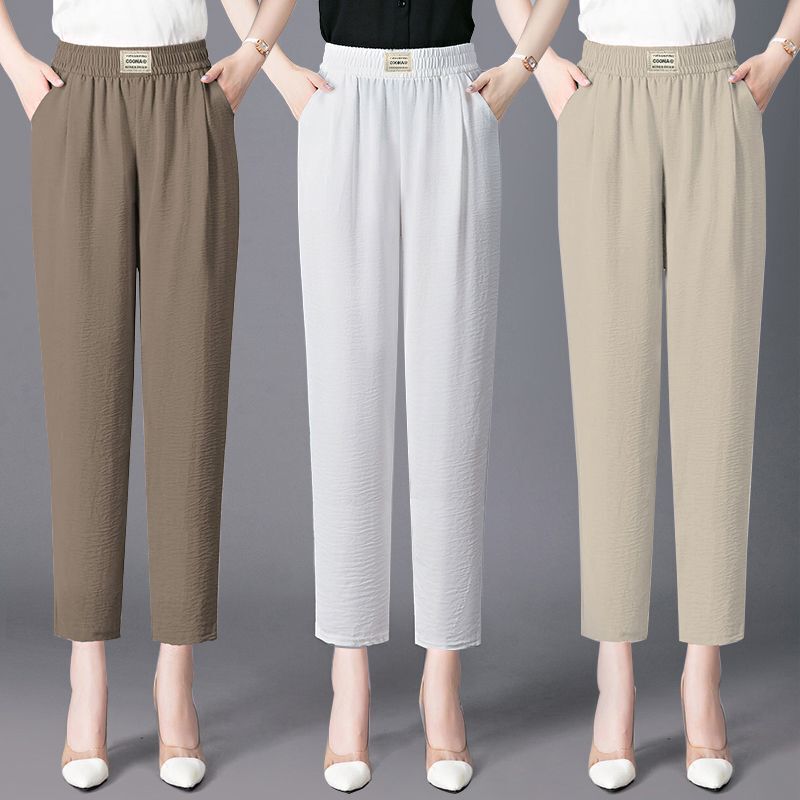 plus size Ice Silk Pants Women's Summer Thin High Waist Loose Straight Cropped Hallen Pants for Mothers Elasto Middle-aged Women's Pants