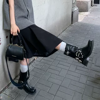 黑色厚底骑士靴女复古方头金属扣件粗跟机车短靴时尚西部牛仔靴女