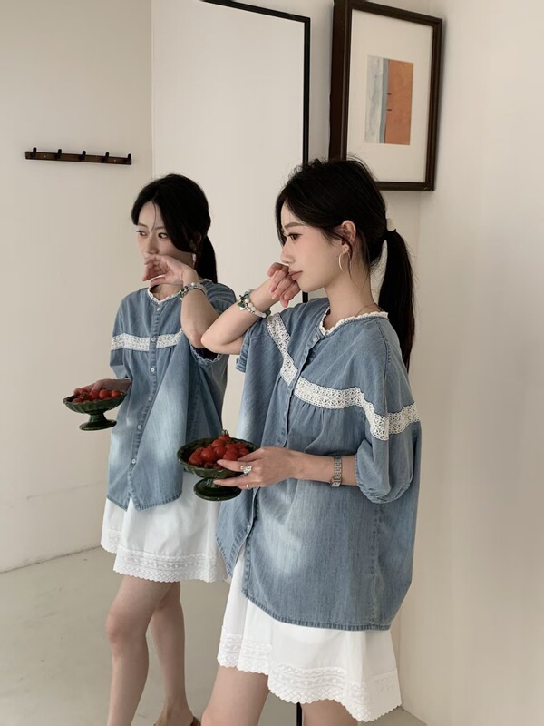 Lace-Trimmed Collar Short-Sleeved Denim Shirt 2026 Summer New Style Distressed White Cardigan Loose Shirt for Women 1159