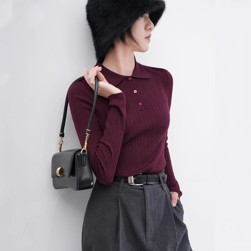Counter Xiaohe with 100% Merino Woolen Sweater Women's POLO Collar Elastic Slim Long Sleeve Base Knitted Sweater