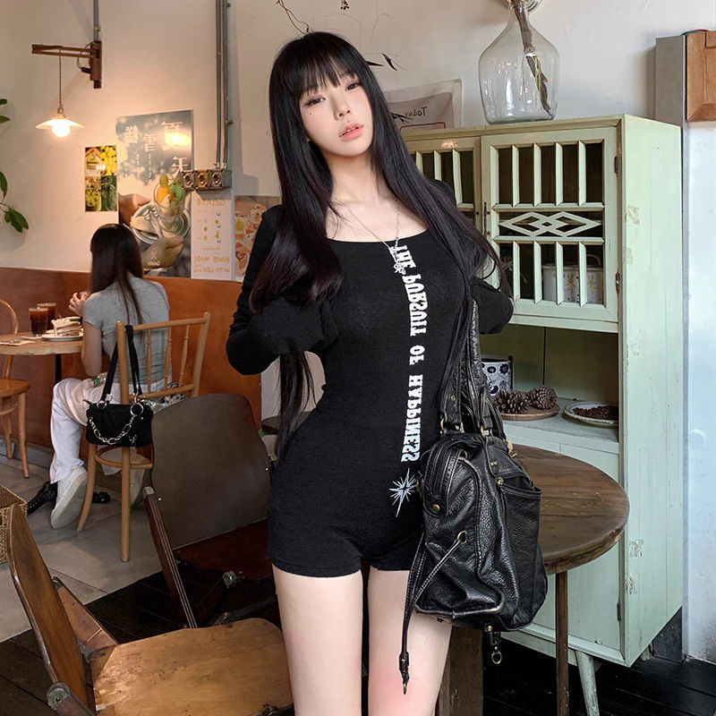 Letter Printing Long Sleeve T-Shirt Women's 2024 Autumn and Winter New Sexy Tight Short Grey Hot Girl Siaman Trendy Pants