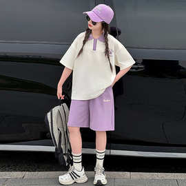 童装女童夏季时髦韩版2025新款中大童POLO衫裤子宽松套装两件套潮