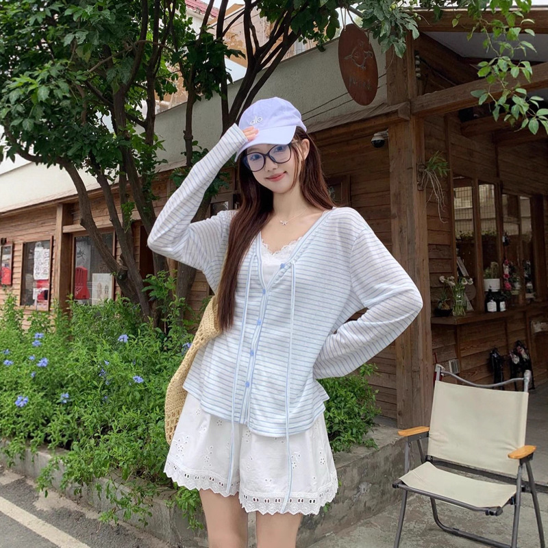 Korean Stripesd Lace-Up Thin Tencel Sun Protection Knitwear for Women 2025 Summer New Loose V Neck Top Cardigan