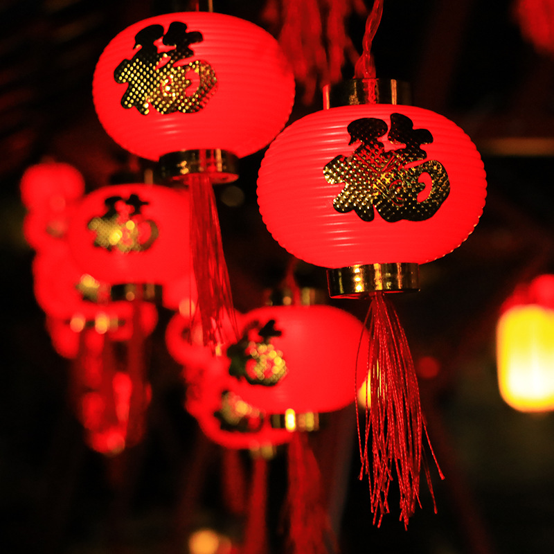 Solar al aire libre rojo linterna cadena Año Nuevo Festival de Primavera borla fu carácter rojo linterna cadena linterna luces decorativas de colores