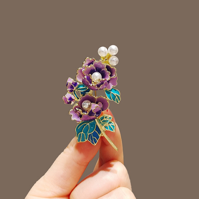 Chinese Style Elegant Enamel Peony Flower Brooch Retro Painted Flower Pin Corsage Suit Lapel Clothing Accessories