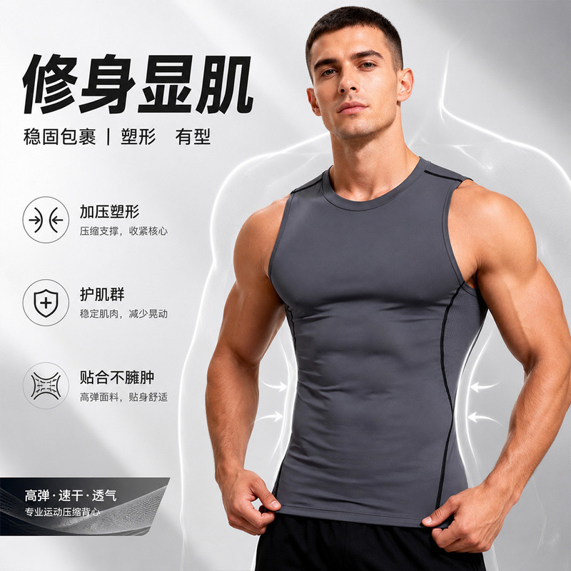 Amazon Cross-Border Sports Vest Men's Summer Elastic Breathable Tights Sweat-Proof Basketball Running Quick-Drying Vest