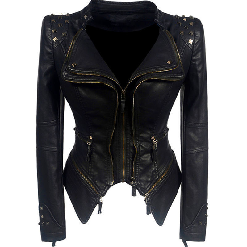Spring Versatile Internet Celebrity Rivet Double Zipper Washed Leather Waist Slimming Women's Top Jacket Leather Jacket Spring Versatile Internet Celebrity Rivet Double Zipper Washed Leather Waist Slimming Women's Top Jacket Leather Jacket