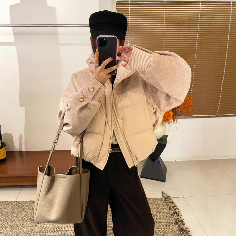 Korean-Style Gray Woolen Patchwork down Jacket for Women, Unique and Trendy, Stylish and High-End, Niche and Beautiful, Thickened Short Coat for Winter