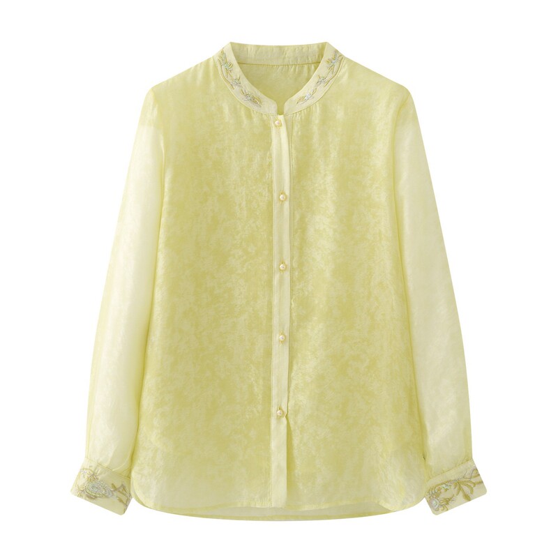 New Chinese-Style Pearlescent Gauze Shirt for Women 2026 Spring and Summer New Lightweight Green Embroidered National Style Sun Protection Top