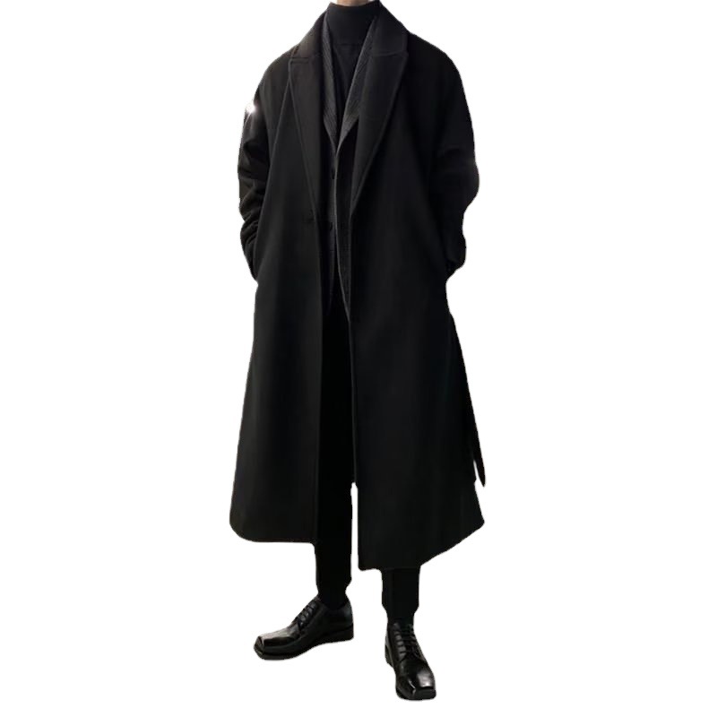 韓国版百合の中の長さの風衣の男性の春秋の金は膝の英倫の風毛のコートを過ぎてゆったりとしています。