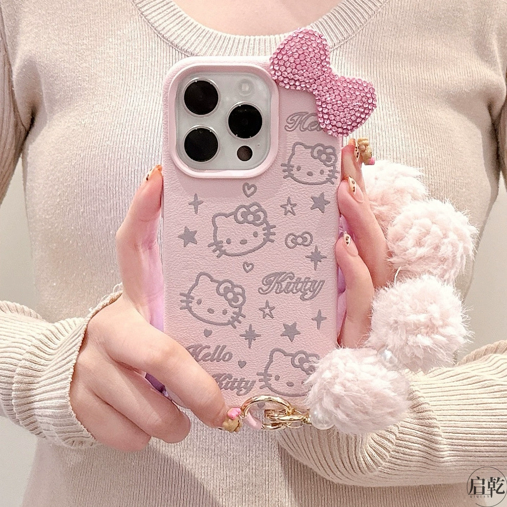 Чехол для телефона Hello Kitty, совместим с iPhone 11–17 серии, 3D бантик, имитационная кожа розовый с ремешком