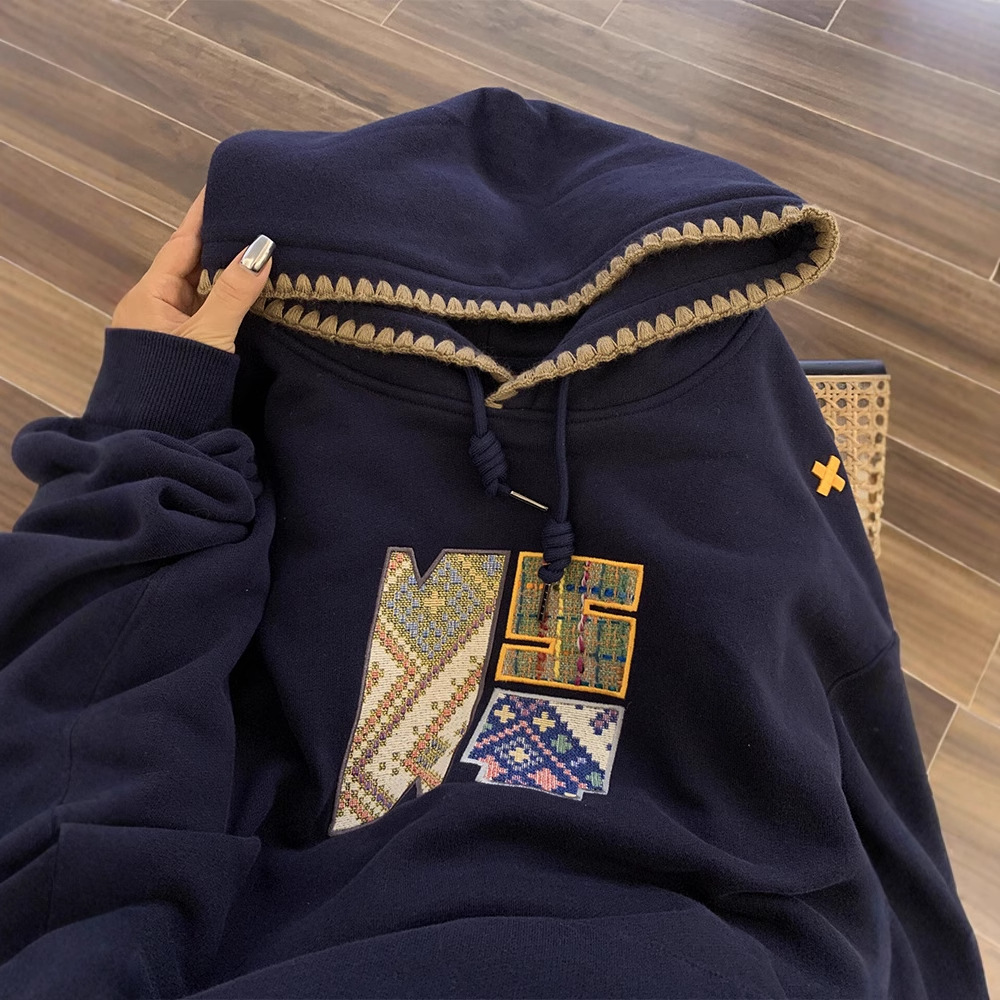 American Style Vintage Embroidered Hooded Sweatshirt Women's Autumn and Winter New Lazy Style fleece-lined Thickened oversize Coat Top