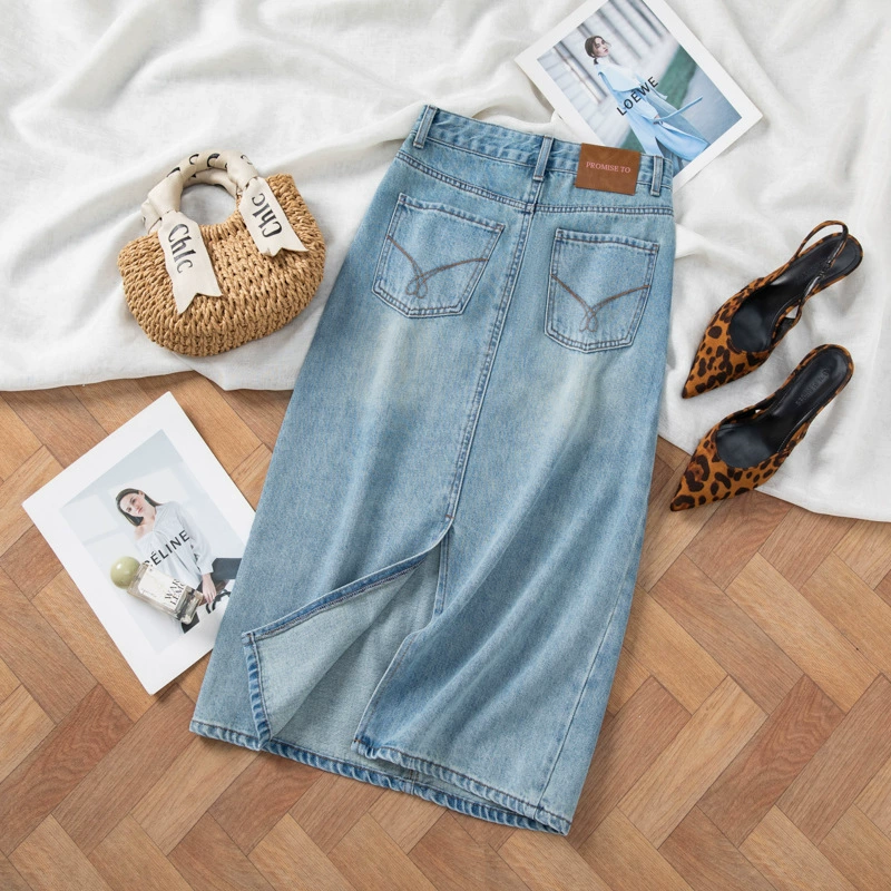 2025 универсальная джинсовая юбка с удлинением ног, высокая талия, разрез сзади, средняя длина, женская весенне-летняя новинка