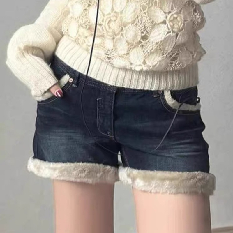 美式复古水洗牛仔毛绒边短裤女秋冬新款辣妹y2k修身毛边靴裤裤子