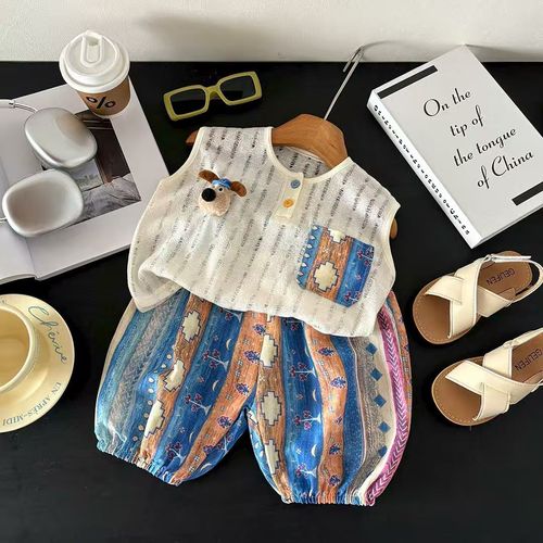 Summer boys set summer version Korean style casual A category children's clothing thin split top mosquito proof pants children's vest