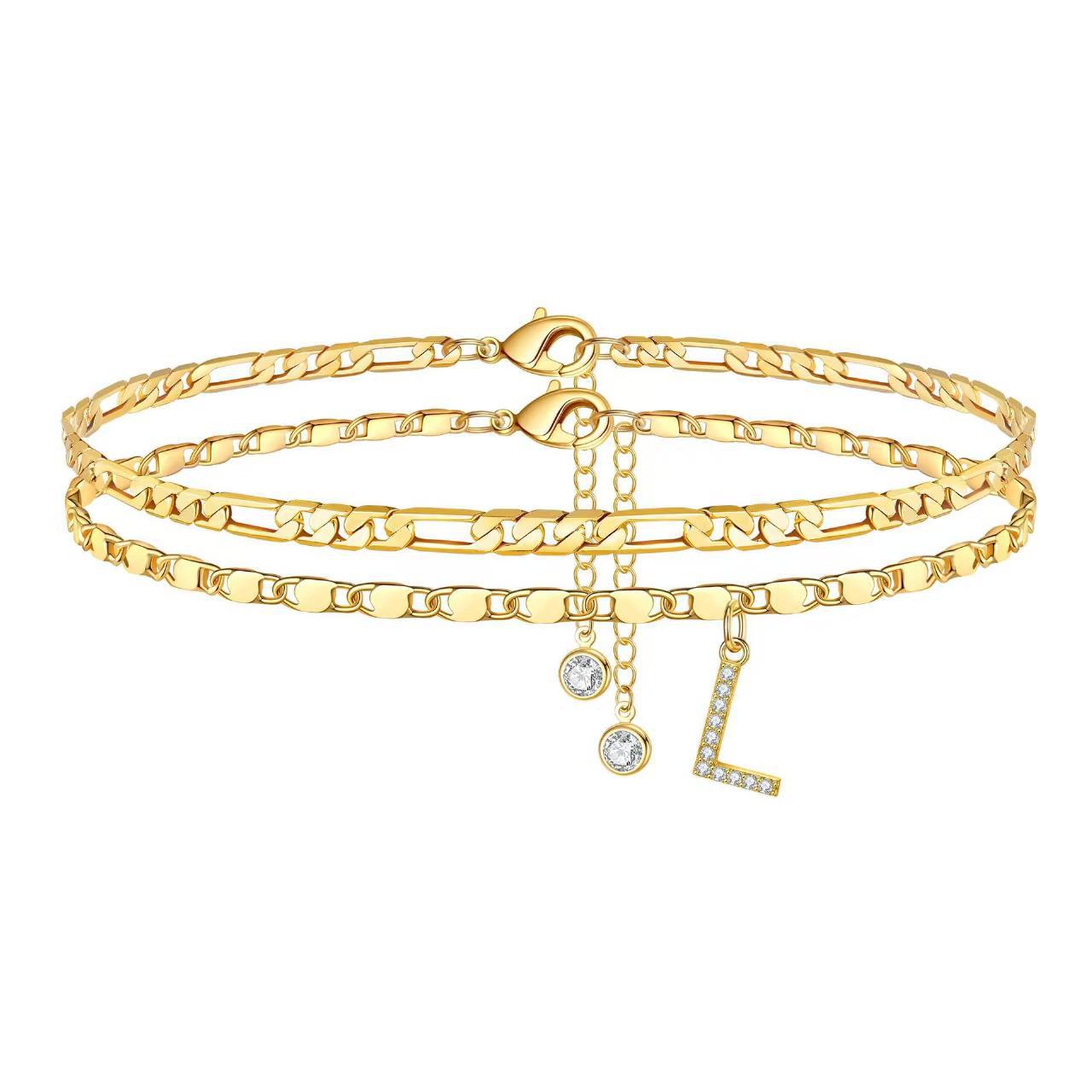 14k Gold Plated Layered Figaro Chain Anklet Set With Cz Initials_voghion.com