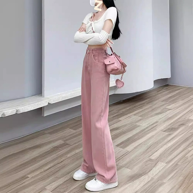 2024 весна и осень новые грязные розовые широкие ножки джинсы женские высокие талии прямые мешковатые штаны штанов соль сладкая