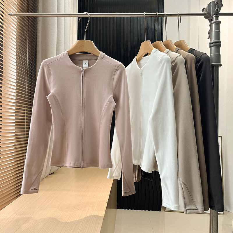 Double Zipper Polar Fleece Bottoming Shirt Casual Short Outwear Knitwear Top Women's Autumn Long-Sleeved Slim T-Shirt