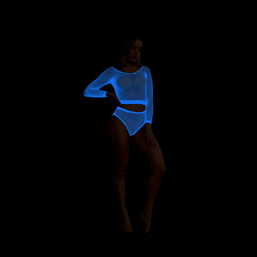 Blue Light Glowing European And American Style Sexy Lingerie Set Hollow Out Stockings Bodystocking Night Glow Sexy Temptation Mesh YG488_voghion.com