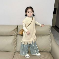 2023 Fall New Children's Clothing Korean Style Children's Clothing Girls' Lace Long Plume Sweater Knit Vest Backless Top