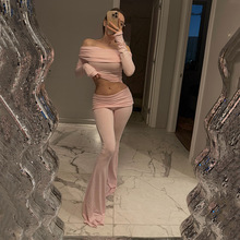 欧美跨境2025夏季新款一字领露肩长袖上衣  性感修身褶皱长裤套装