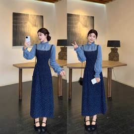 2025年大码新款海兰花秋冬法式设计感碎花假两件拼接长袖连衣裙