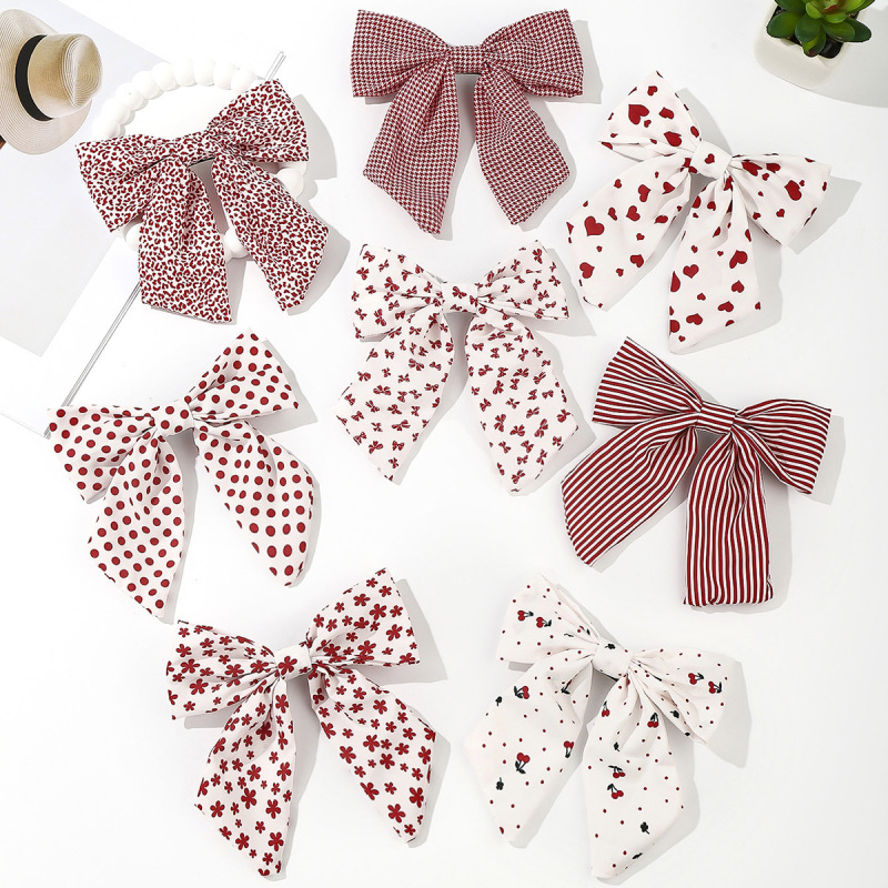 Fabric Red Stripesd Plaid Pure Color Cherry Heart Heart Wide Edge Bow 1Pc Fabric Red Stripesd Plaid Pure Color Cherry Heart Heart Wide Edge Bow 1Pc