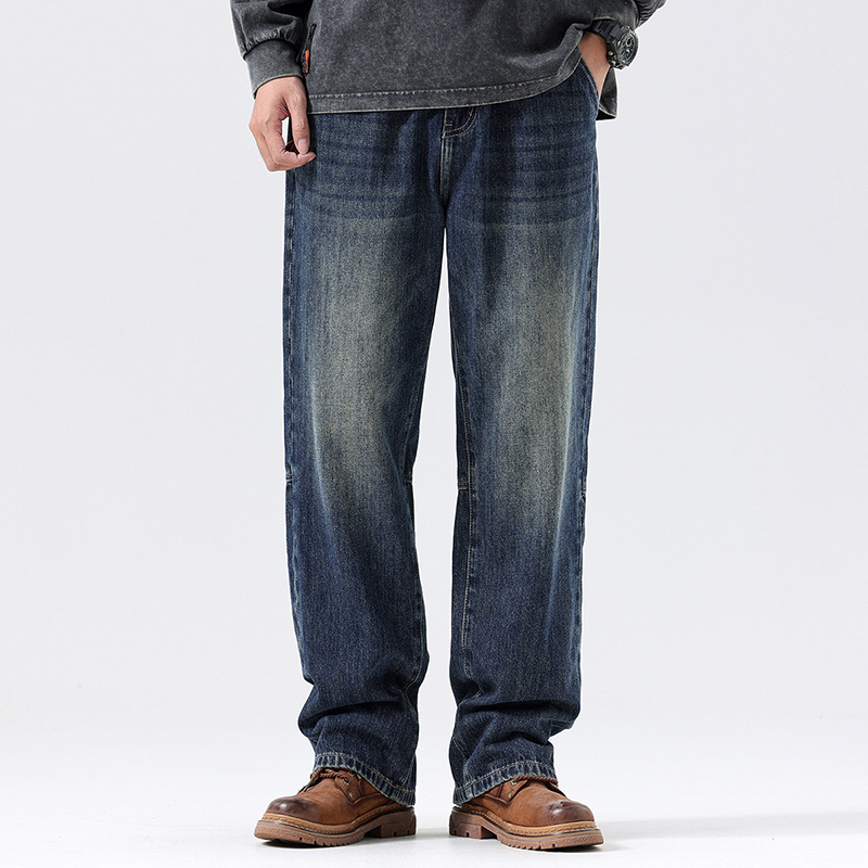 大码男装秋冬新品美式高街牛仔裤男宽松加大码水洗微阔直筒长裤