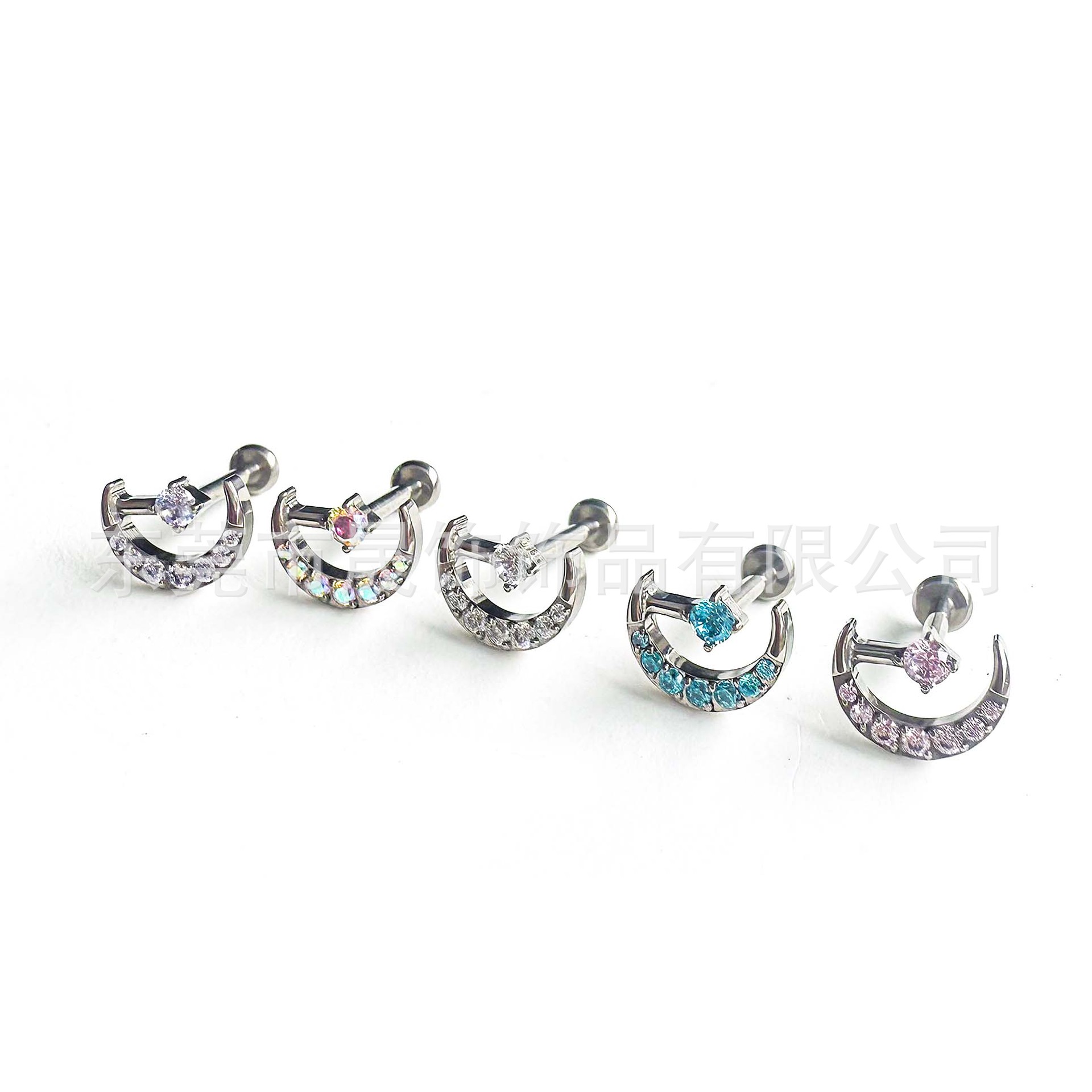 F136 Titanium Studded Cubic Zirconia Moon Ear Stud Labret Stud 植入级 G23 Implant Grade Titanium 人体 Piercing Jewelry Helix Cartilage Stud