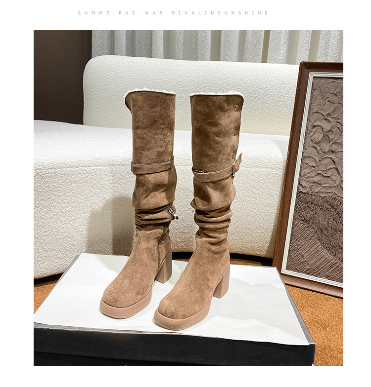 New high, long, heavy-soled lamb fleece boots with chunky heels_voghion.com