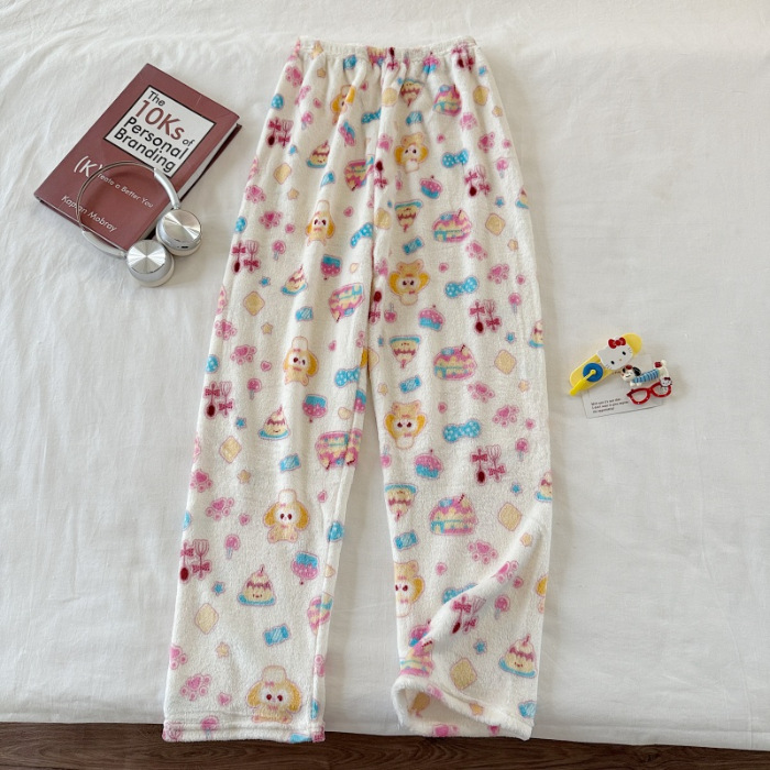 Invierno nuevo pantalones cálidos de franela estilo de caricatura coreano para mujeres más grueso y terciopelo cálido para el hogar pijamas de lana se pueden usar fuera