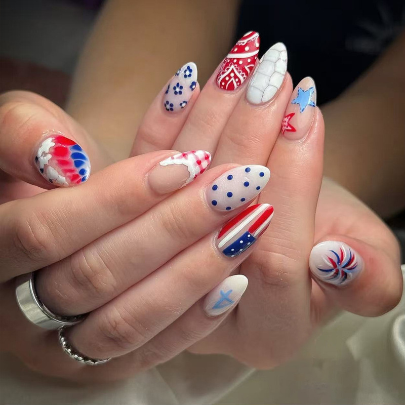 American Flag Polka Dots Bohemian Fireworks July 4Th Text Design Independence Day Wearable Nail Art Fake Nails