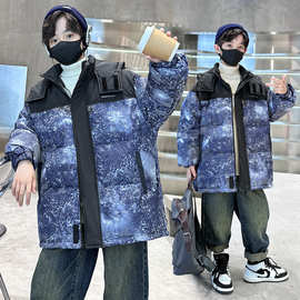 童装棉衣冬季新款男童印花加厚棉服2023韩版儿童中长款连帽棉服潮