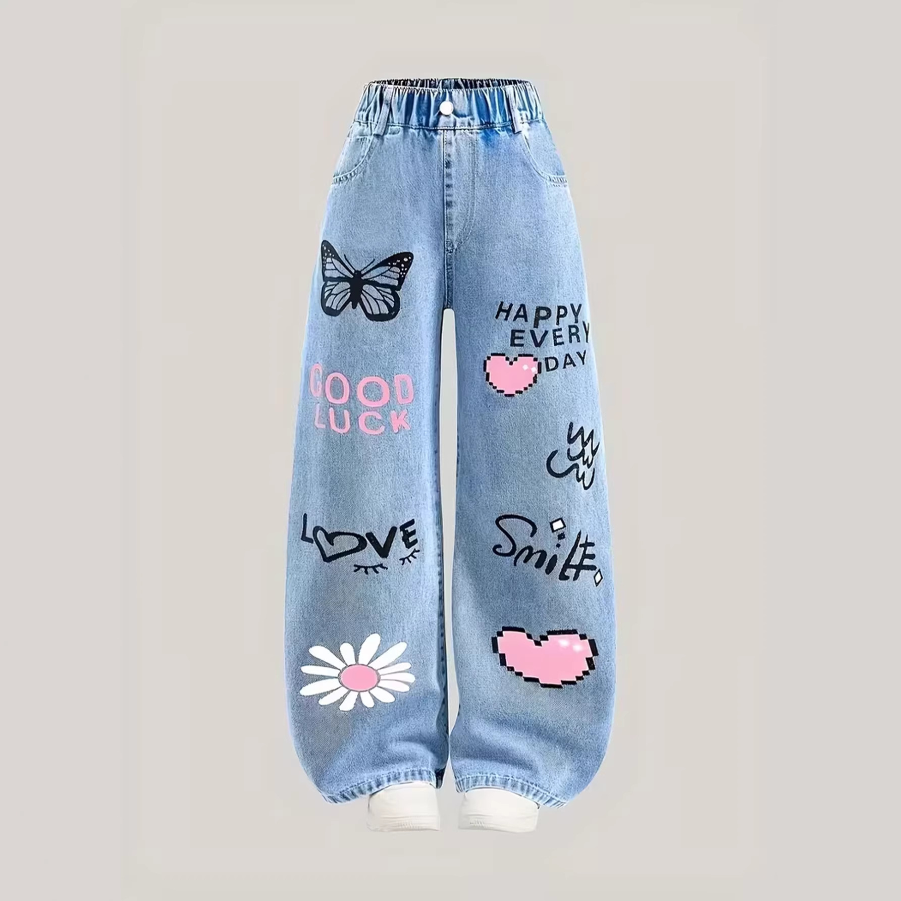 New cross-border girls' spring and autumn denim jeans, loose casual straight leg pants for medium and large children, stylish and versatile wide-leg pants