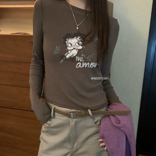 MZI STUDIO秋季韩系做旧卡通印花百搭修身软糯套头长袖T恤女13352