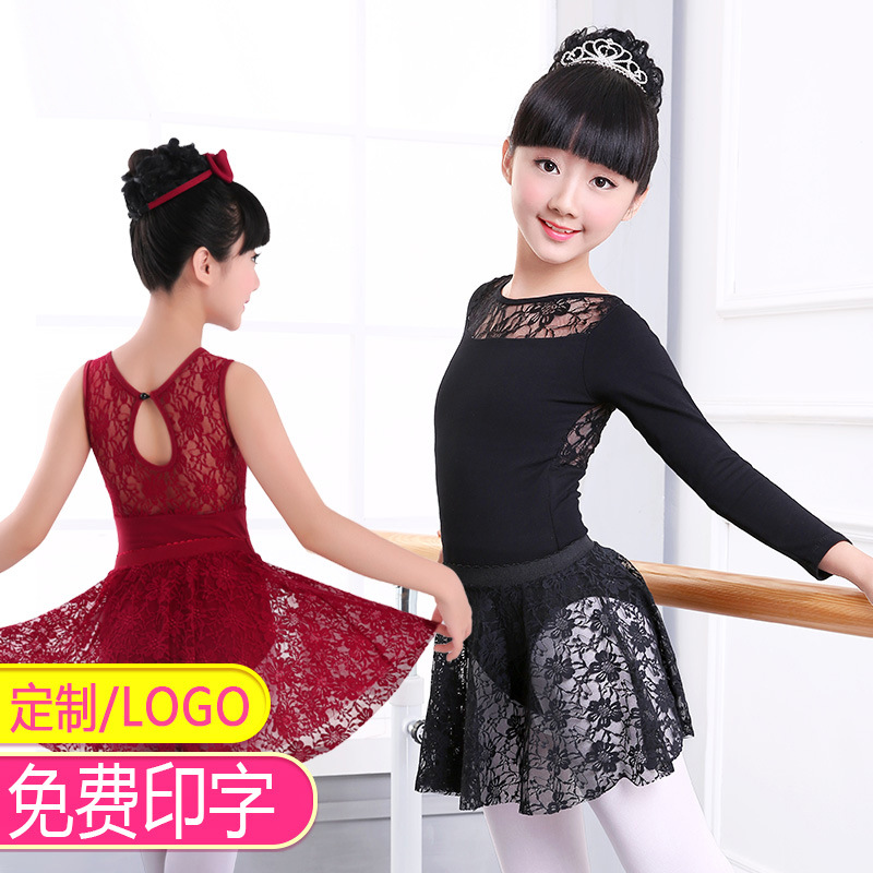 Los niños de la danza práctica ropa primavera clasificación negro princesa vestido niña encaje costura falda dividida traje