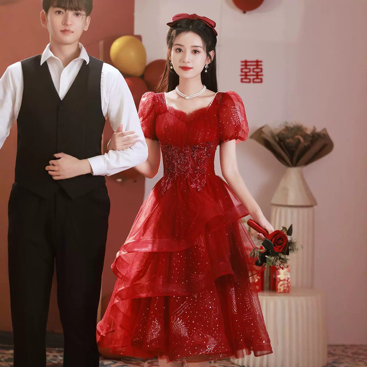 2026 New Style Wedding Dress for the Bride, Elegant and Sophisticated, Suitable for Petite Women, Red Main Wedding Dress