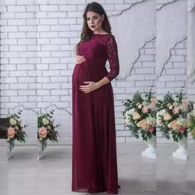 Sleek, Hot-Selling Lace-Mesh Chiffon Floor-Length Maternity Dress in European and American Styles
