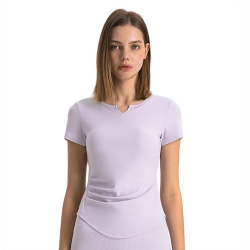 SPR ribbed fashion pleated small V-neck sports short-sleeved women's fitness running slim slimming yoga top