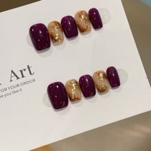 【紫琥珀】实拍紫色秋冬琥珀晕染纯手工穿戴甲C313款带盒子工具吧