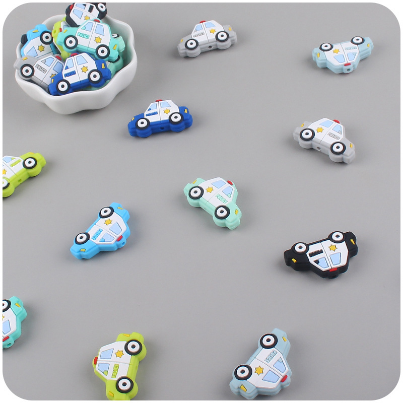 Bebé suministros de dibujos animados coche de silicona policía coche mordedor creativo DIY bebé molar pezón anti-gota cadena Accesorios
