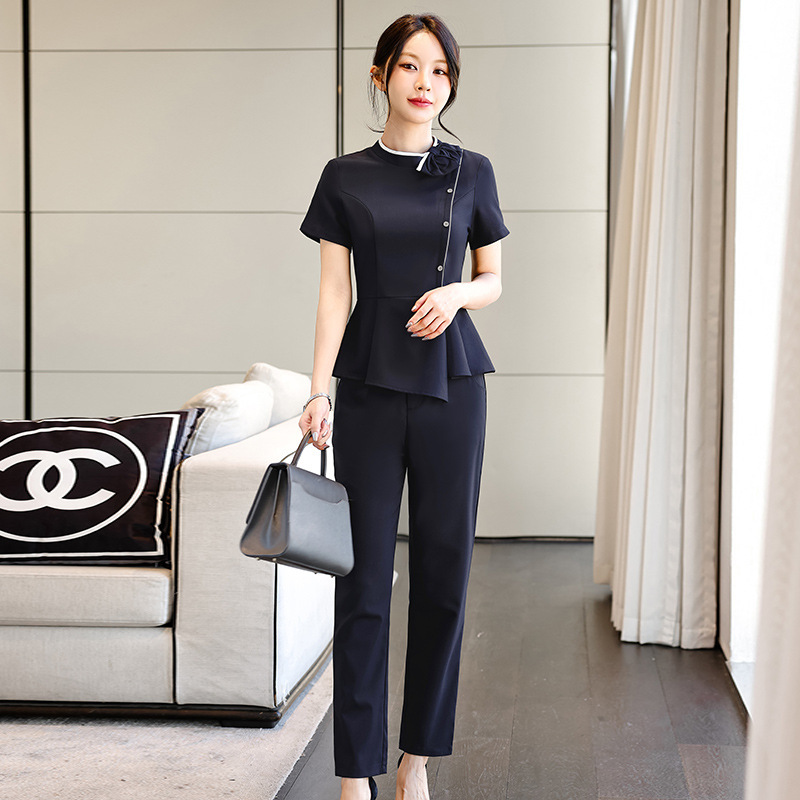 Spring and Autumn Navy Blue Short-Sleeved Suit Top Suit Professional Work Clothing Slim Pants Two-Piece Waist-Cinching Work Clothes