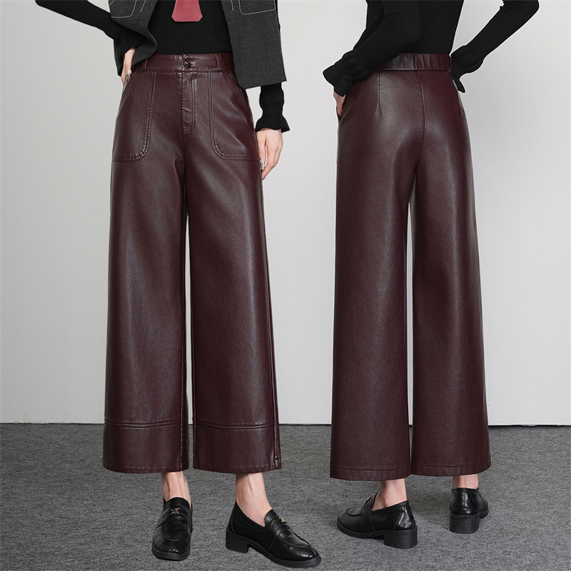 安哥拉红真皮皮裤阔腿裤女高腰绵羊皮显瘦宽松垂感直筒全皮九分裤