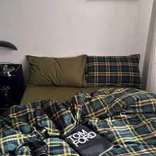 全棉100色织水洗棉格子四件套被套纯棉全棉100床上床单宿舍三件套