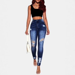 PCC6001#European and American foreign trade Amazon jeans trendy elastic tight-fitting ripped jeans with small feet and slimming jeans for women