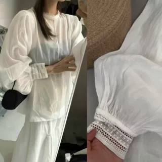 衣号自制韩系衬衫苎麻灯笼袖衬衣气质圆领宫廷白色衬衣文艺叠穿秋