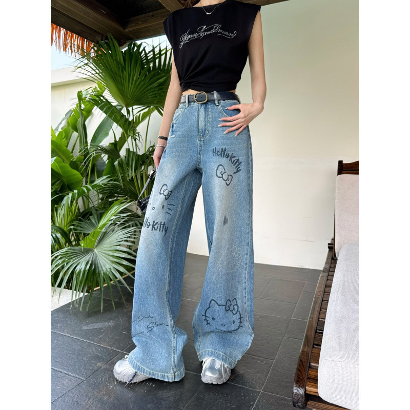 Shenzhen Nanyou High-End Heavy Industry Cat Graffiti Rhinestone Wide-Leg Jeans for Women High-Waisted Slimming Washed Long Pants Shenzhen Nanyou High-End Heavy Industry Cat Graffiti Rhinestone Wide-Leg Jeans for Women High-Waisted Slimming Washed Long Pants